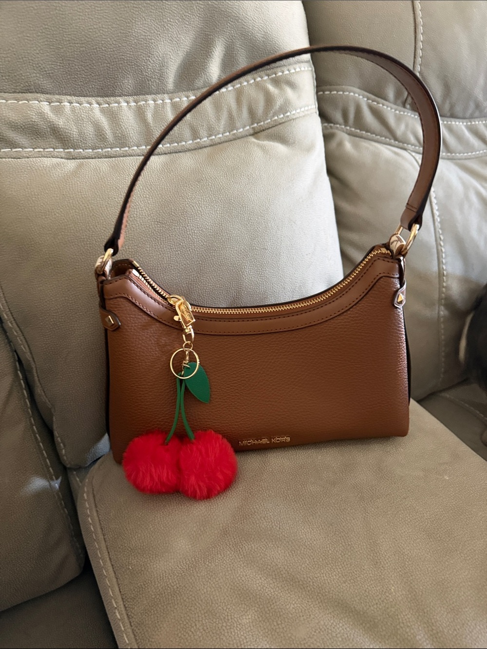 Michael Kors Brown Pebbled Leather Shoulder Bag with Red Cherry Charm